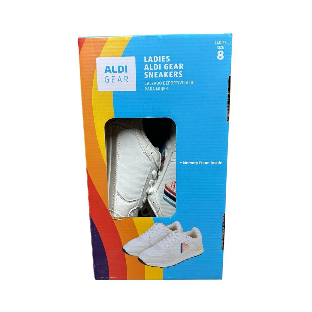 NEW Aldi Gear Womens 8 Sneakers White Colorful Logo Retro Inspired Memory Foam - Picture 8 of 8